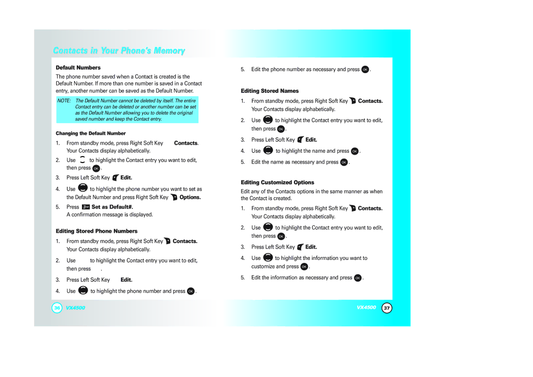 LG Electronics VX4500 manual Default Numbers, Press Set as Default#, Editing Stored Phone Numbers, Editing Stored Names 