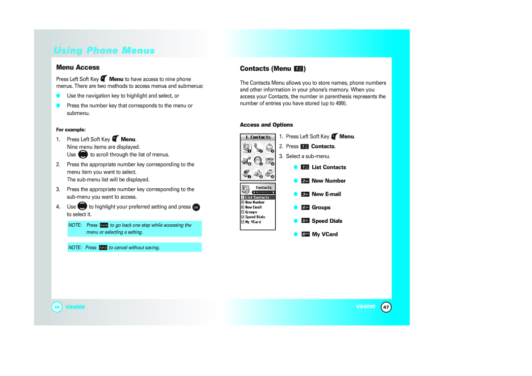 LG Electronics VX4500 manual Menu Access, Contacts Menu, Access and Options, Press Contacts 