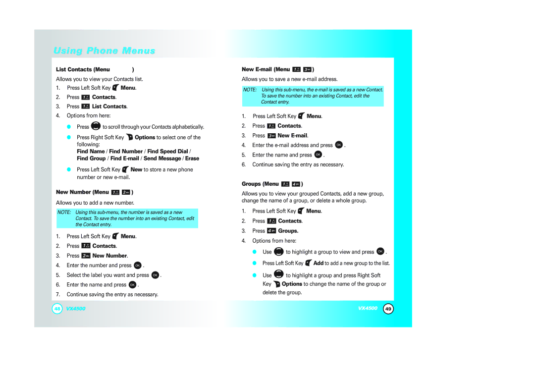 LG Electronics VX4500 manual List Contacts Menu, Press Contacts Press List Contacts, New Number Menu, New E-mail Menu 