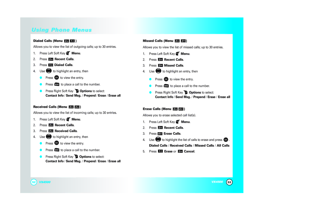 LG Electronics VX4500 Dialed Calls Menu, Press Recent Calls Press Dialed Calls, Received Calls Menu, Missed Calls Menu 