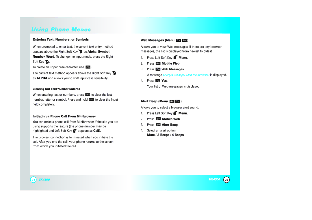 LG Electronics VX4500 Entering Text, Numbers, or Symbols, Initiating a Phone Call From Minibrowser, Web Messages Menu 