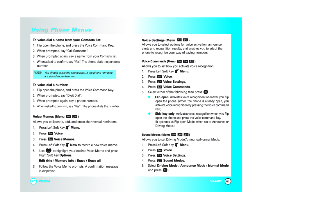 LG Electronics VX4500 manual To voice-dial a name from your Contacts list, To voice-dial a number, Voice Memos Menu 