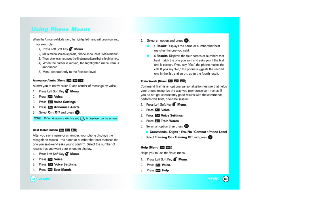 LG Electronics VX4500 manual Press Voice Settings Press Announce Alerts, Press Voice Settings Press Best Match 