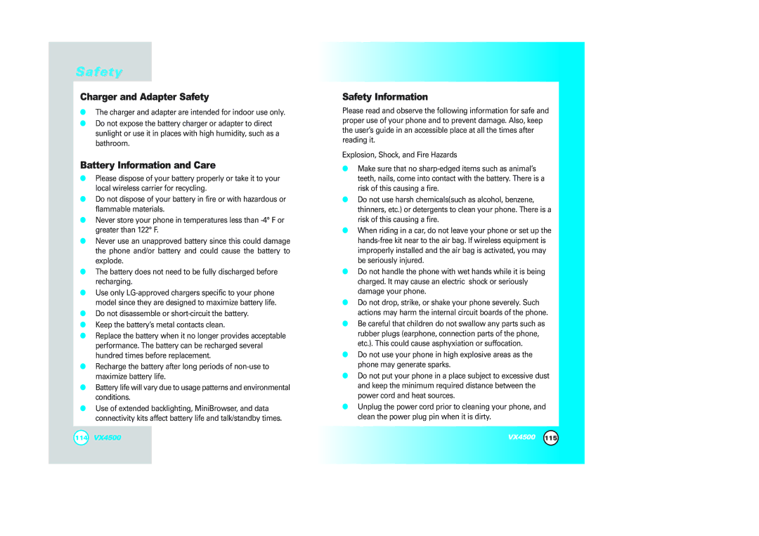 LG Electronics VX4500 manual Charger and Adapter Safety, Battery Information and Care, Safety Information 