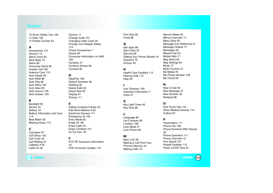 LG Electronics VX4500 manual Index 