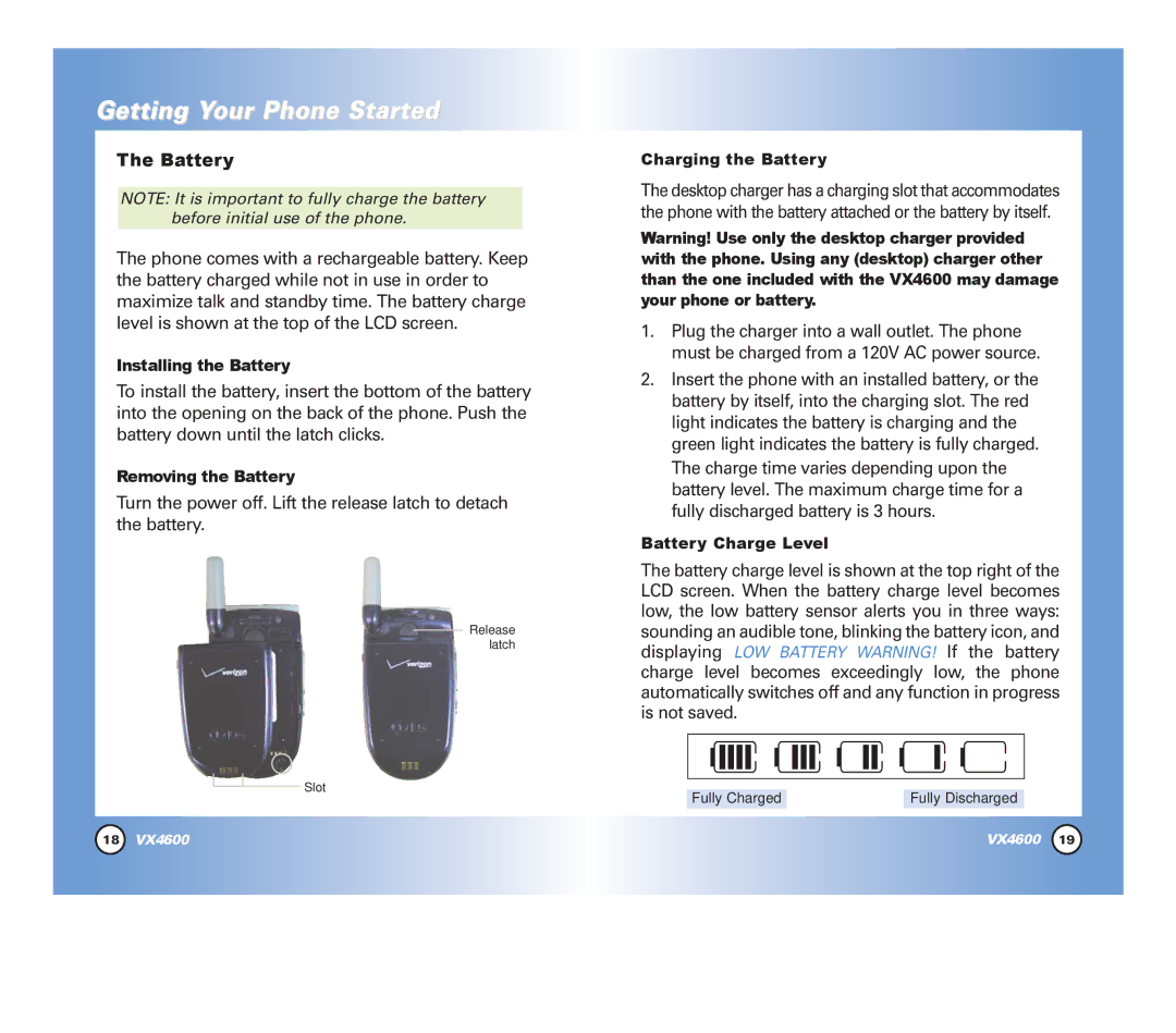 LG Electronics VX4600 manual Installing the Battery, Removing the Battery, Charging the Battery, Battery Charge Level 