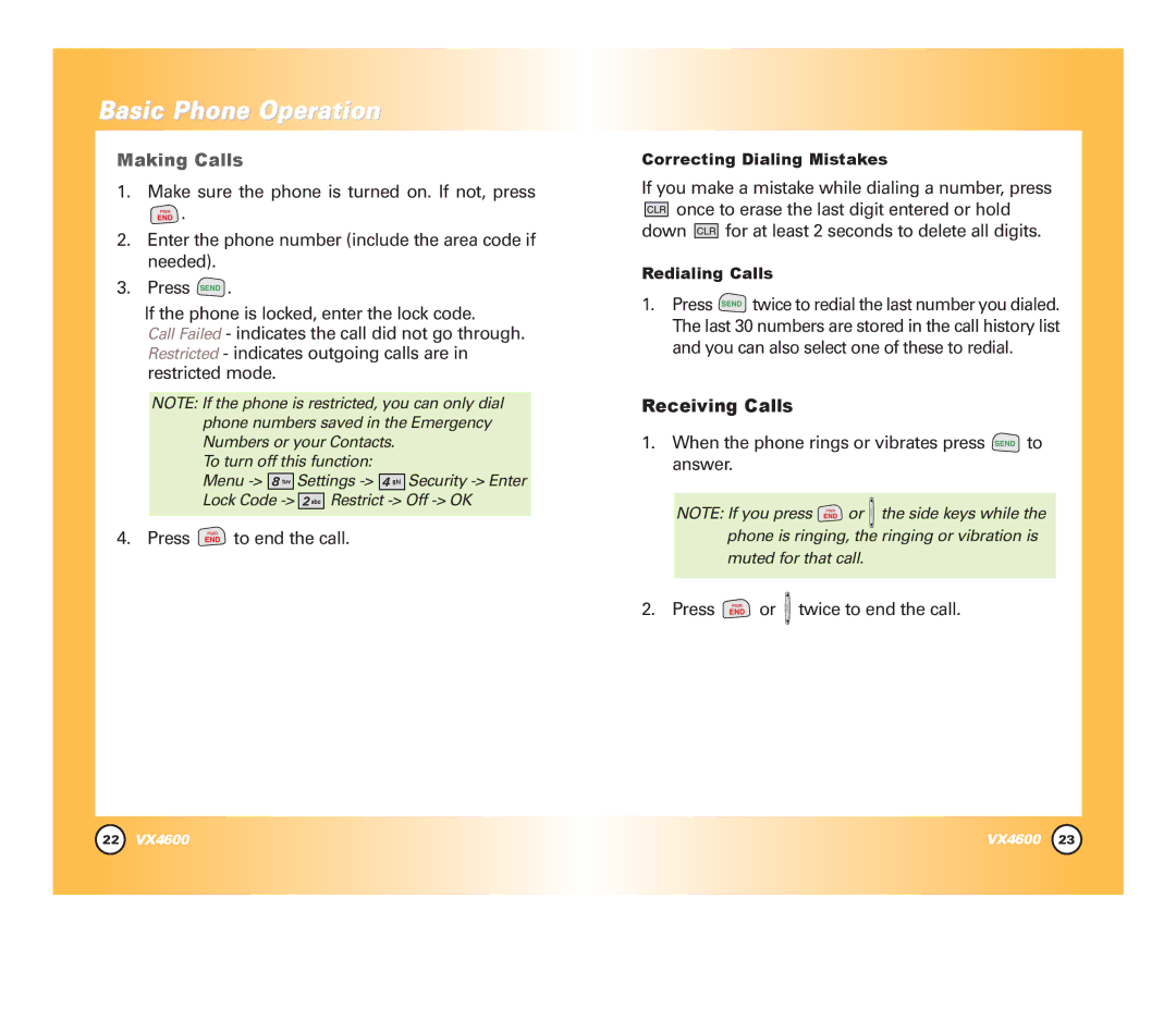 LG Electronics VX4600 manual Receiving Calls, Correcting Dialing Mistakes, Redialing Calls 