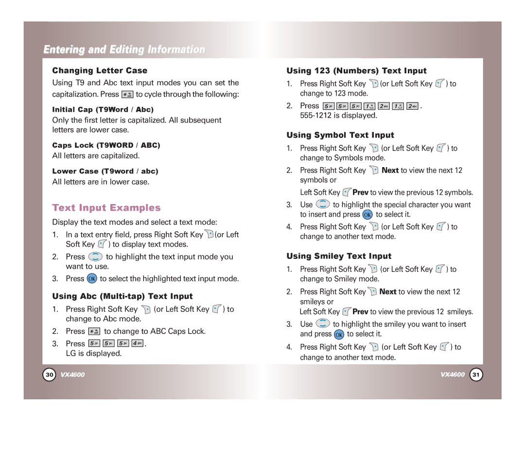 LG Electronics VX4600 manual Text Input Examples 