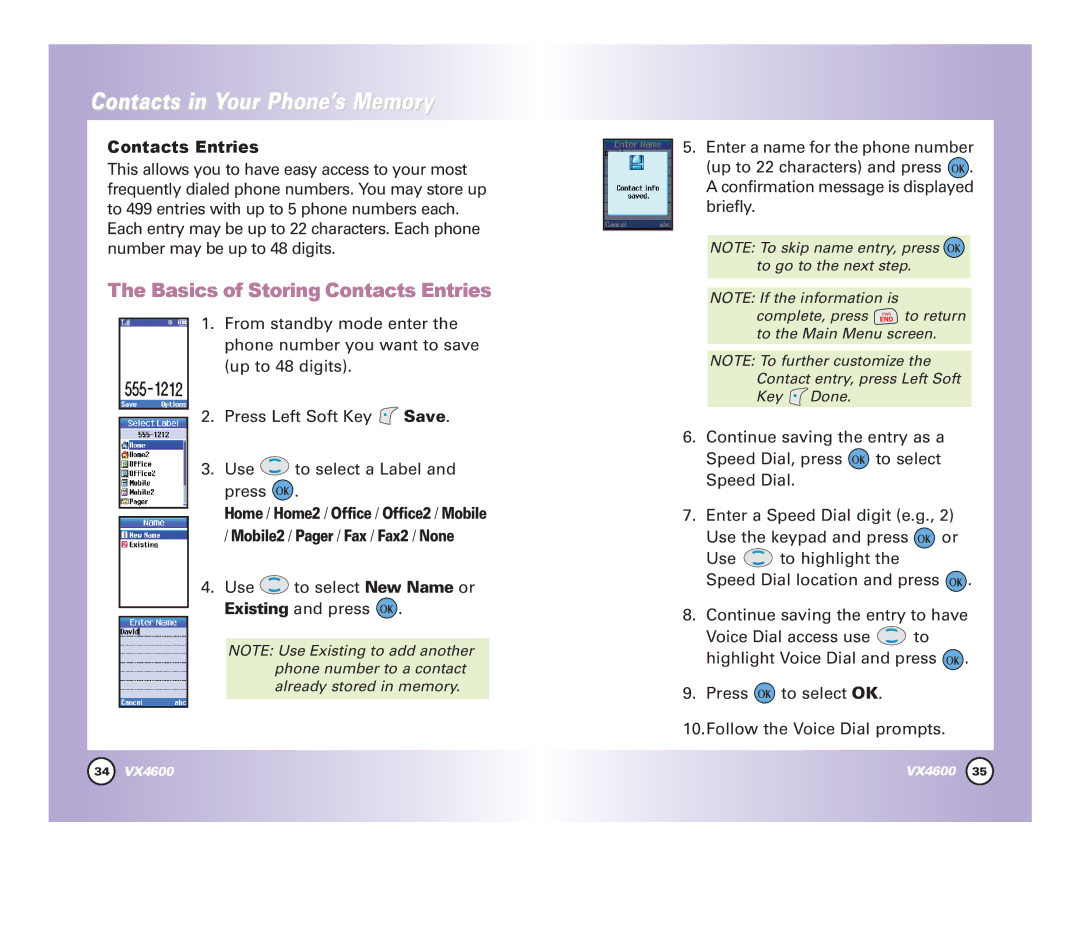 LG Electronics VX4600 manual Basics of Storing Contacts Entries 