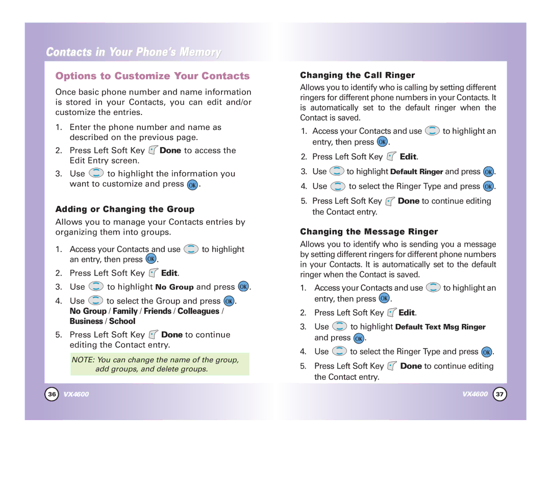 LG Electronics VX4600 manual Options to Customize Your Contacts, Adding or Changing the Group, Changing the Call Ringer 