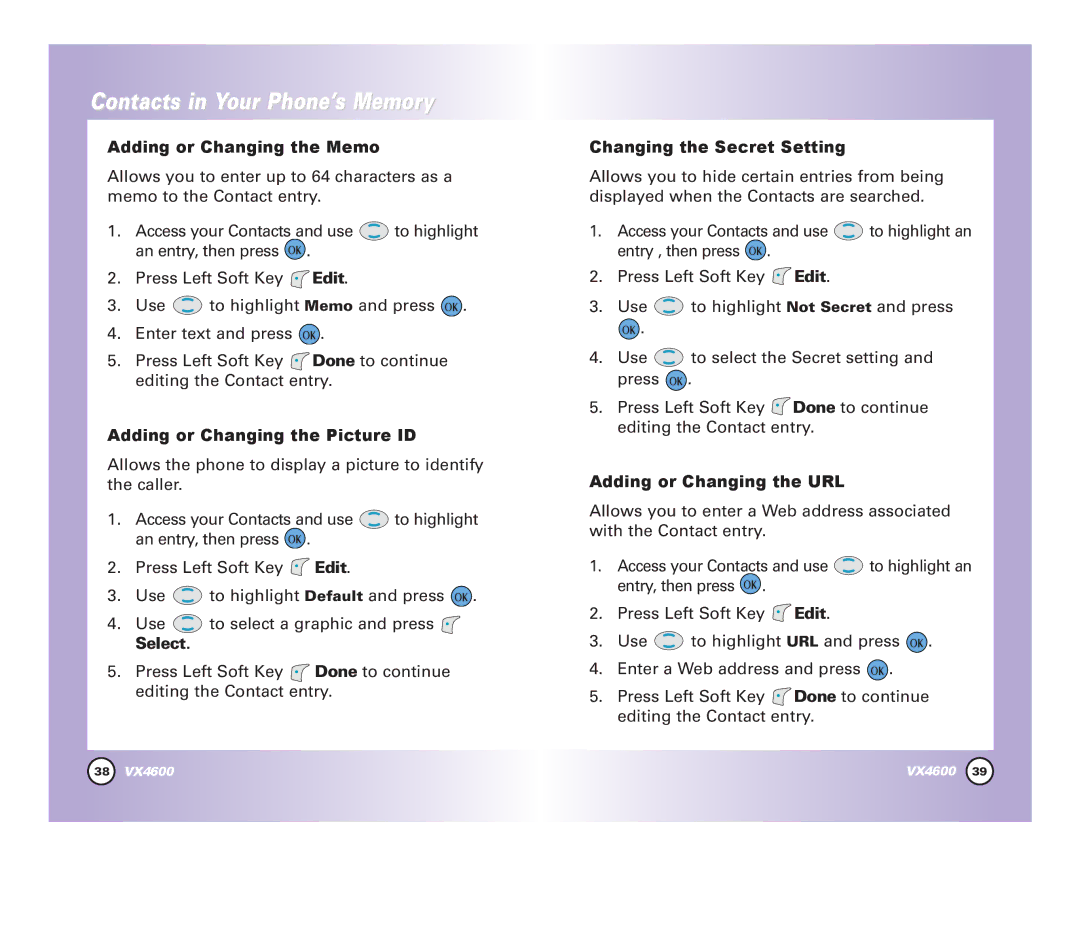 LG Electronics VX4600 Adding or Changing the Memo, Adding or Changing the Picture ID, Select, Changing the Secret Setting 