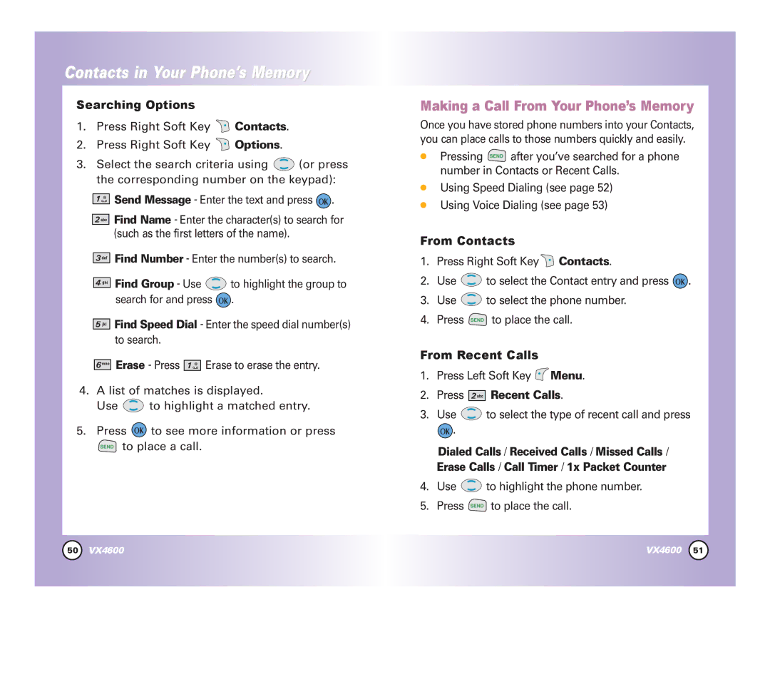 LG Electronics VX4600 manual Searching Options, From Contacts, From Recent Calls, Press Recent Calls 