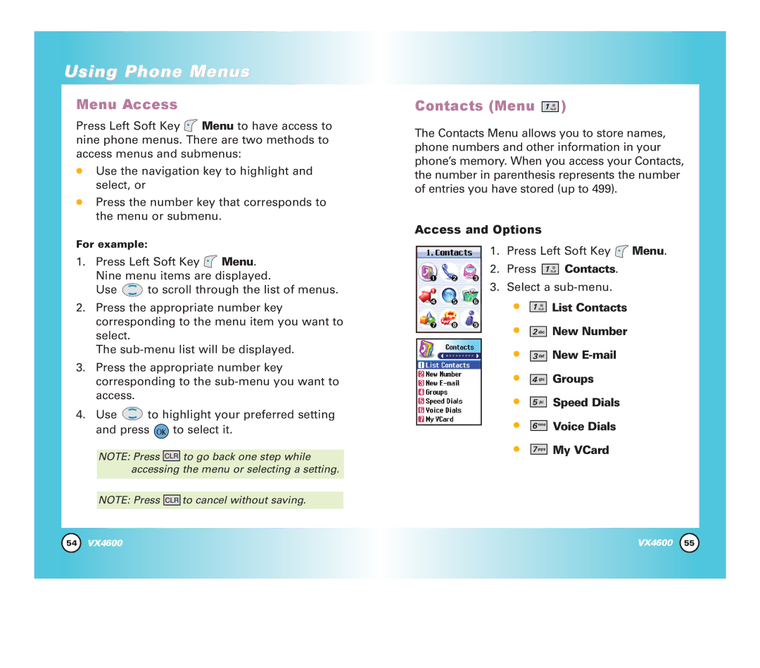 LG Electronics VX4600 manual Menu Access, Contacts Menu, Access and Options, Press Contacts, For example 