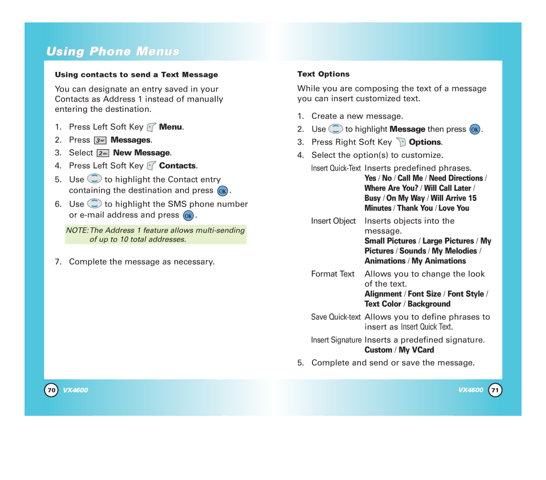 LG Electronics VX4600 manual Press Messages Select New Message, Insert Object Inserts objects into Message, Text Options 