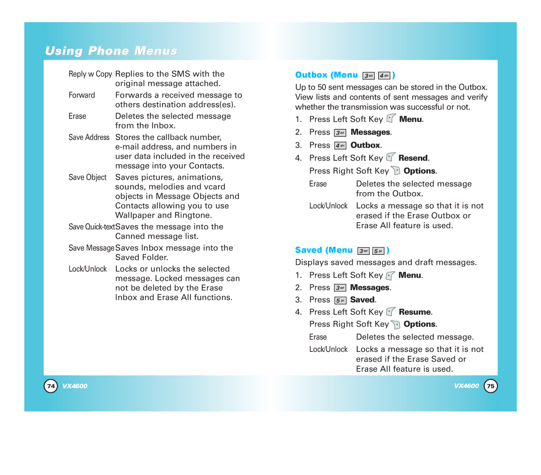 LG Electronics VX4600 manual Outbox Menu, Saved Menu 