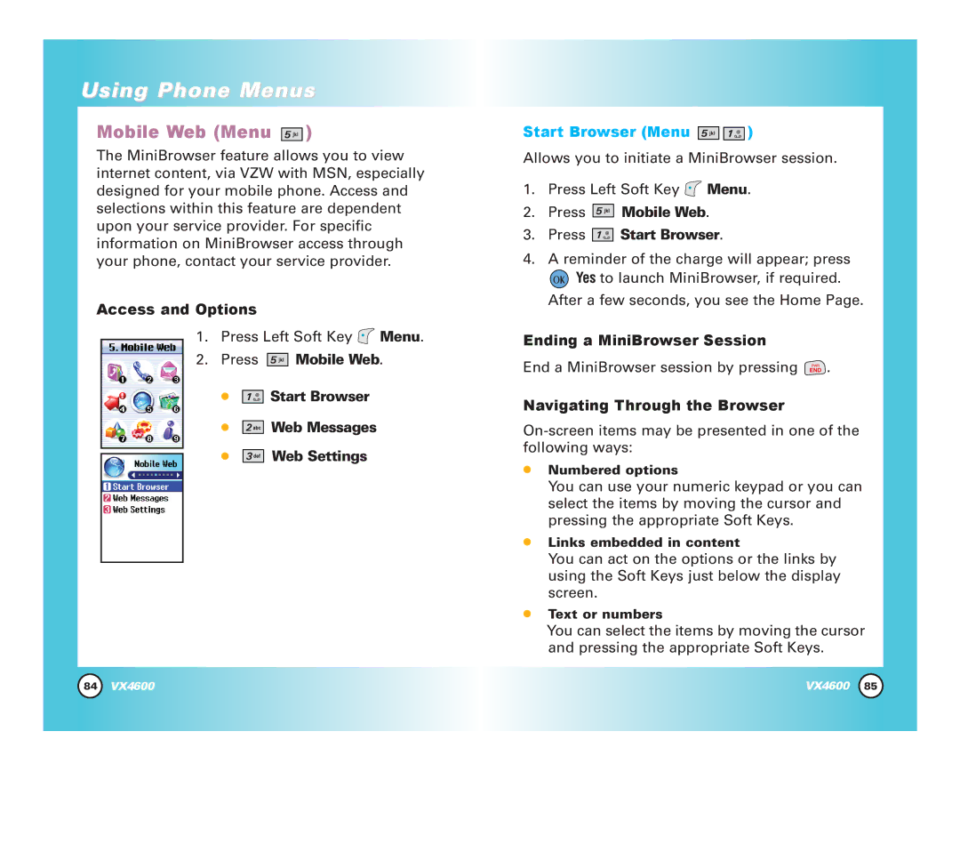 LG Electronics VX4600 manual Mobile Web Menu, Press Mobile Web Start Browser Web Messages Web Settings 