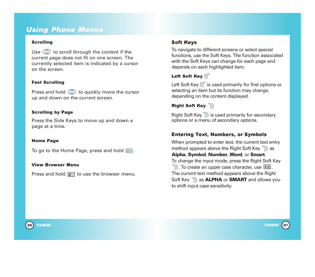 LG Electronics VX4600 manual Soft Keys, Entering Text, Numbers, or Symbols 