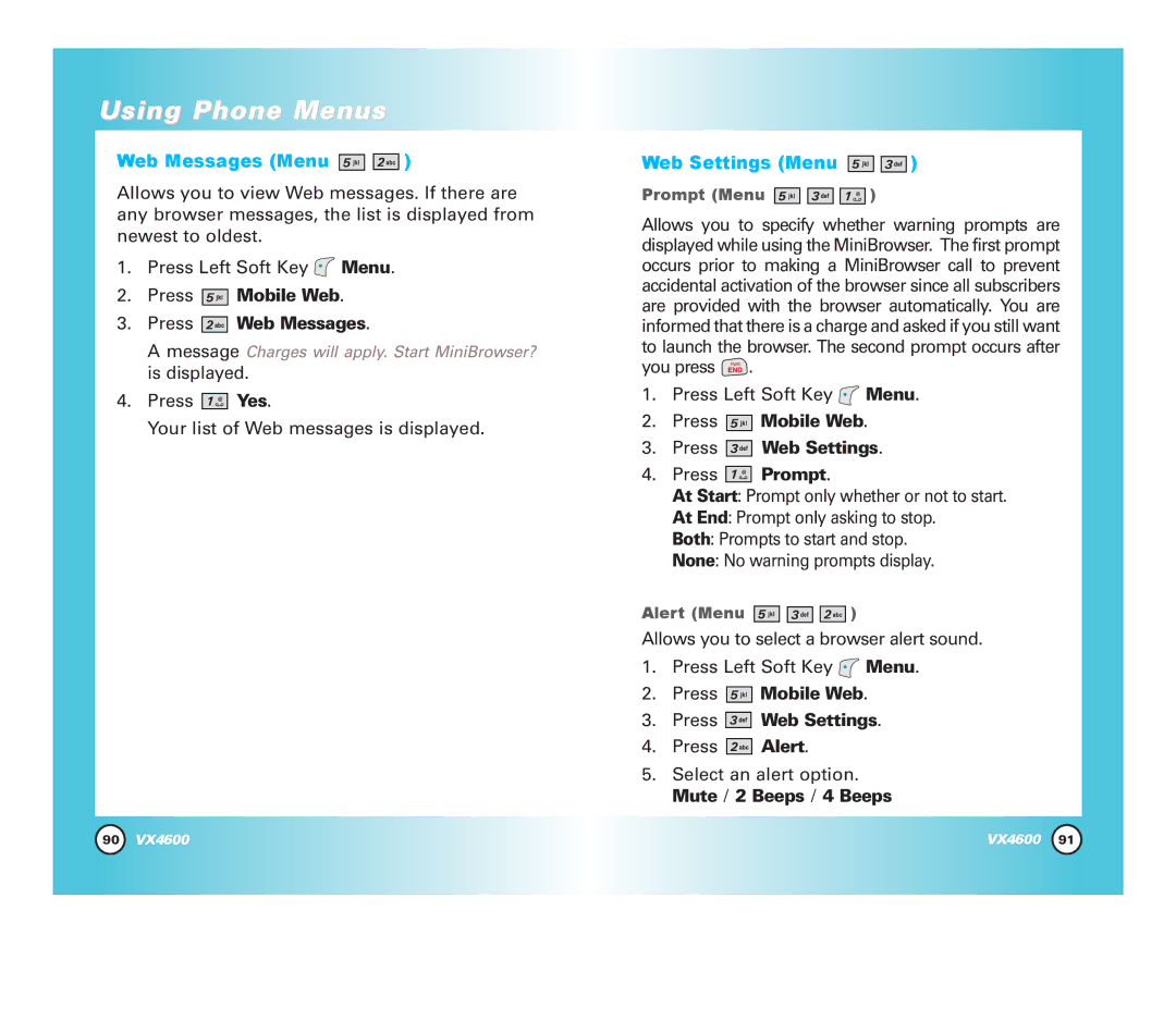 LG Electronics VX4600 manual Web Messages Menu, Press Mobile Web Press Web Messages, Web Settings Menu 