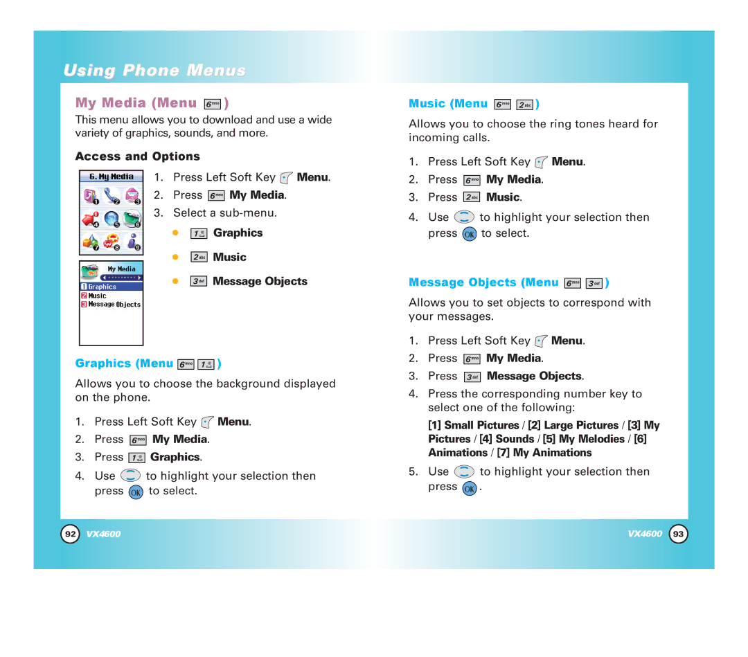 LG Electronics VX4600 manual My Media Menu, Graphics Music Message Objects, Press My Media Press Graphics 