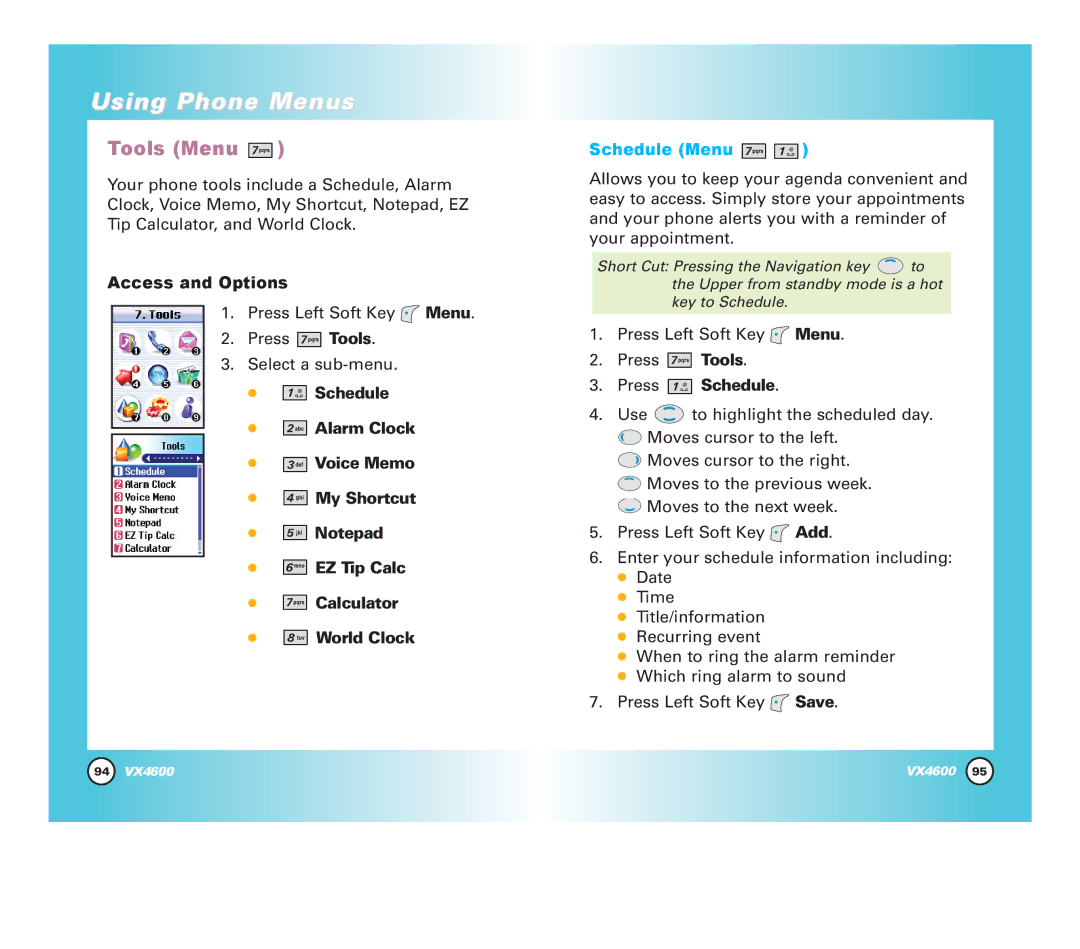 LG Electronics VX4600 manual Tools Menu, Schedule Menu, Press Schedule 