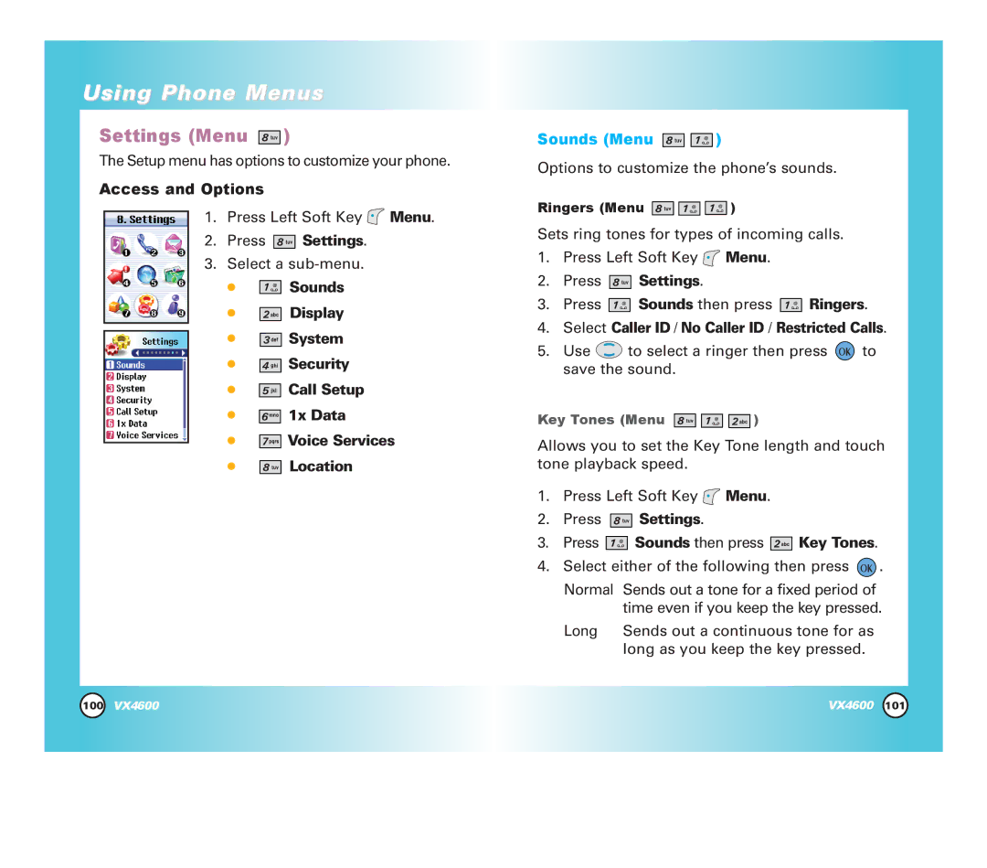 LG Electronics VX4600 manual Settings Menu, Press Settings, Sounds Menu, Ringers Menu 