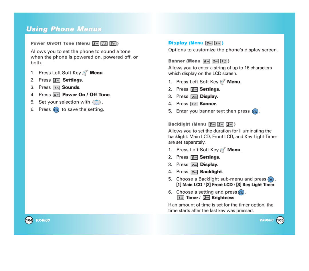 LG Electronics VX4600 manual Press Power On / Off Tone, Display Menu, Press Settings Press Display, Timer / Brightness 