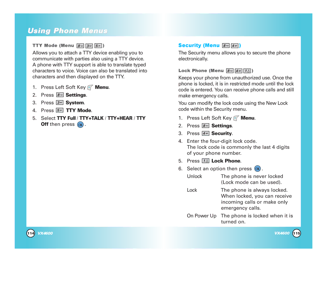 LG Electronics VX4600 manual Press TTY Mode, Security Menu, Press Settings Press Security, Press Lock Phone 
