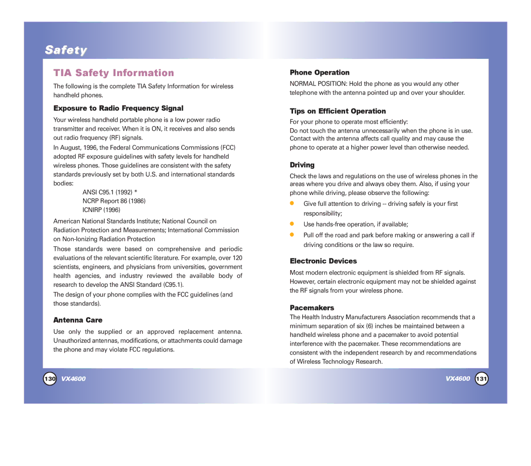 LG Electronics VX4600 manual TIA Safety Information 