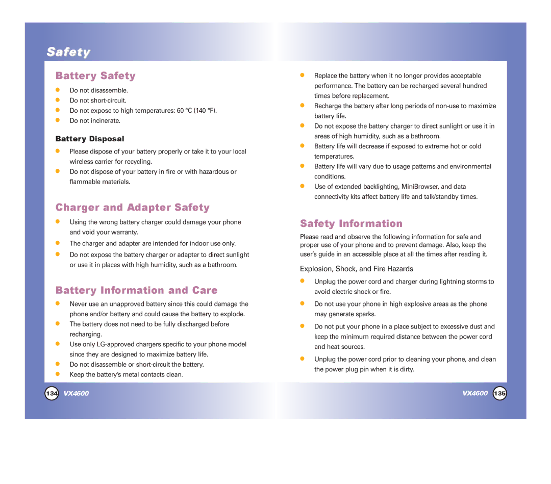 LG Electronics VX4600 manual Battery Safety, Charger and Adapter Safety, Battery Information and Care, Safety Information 