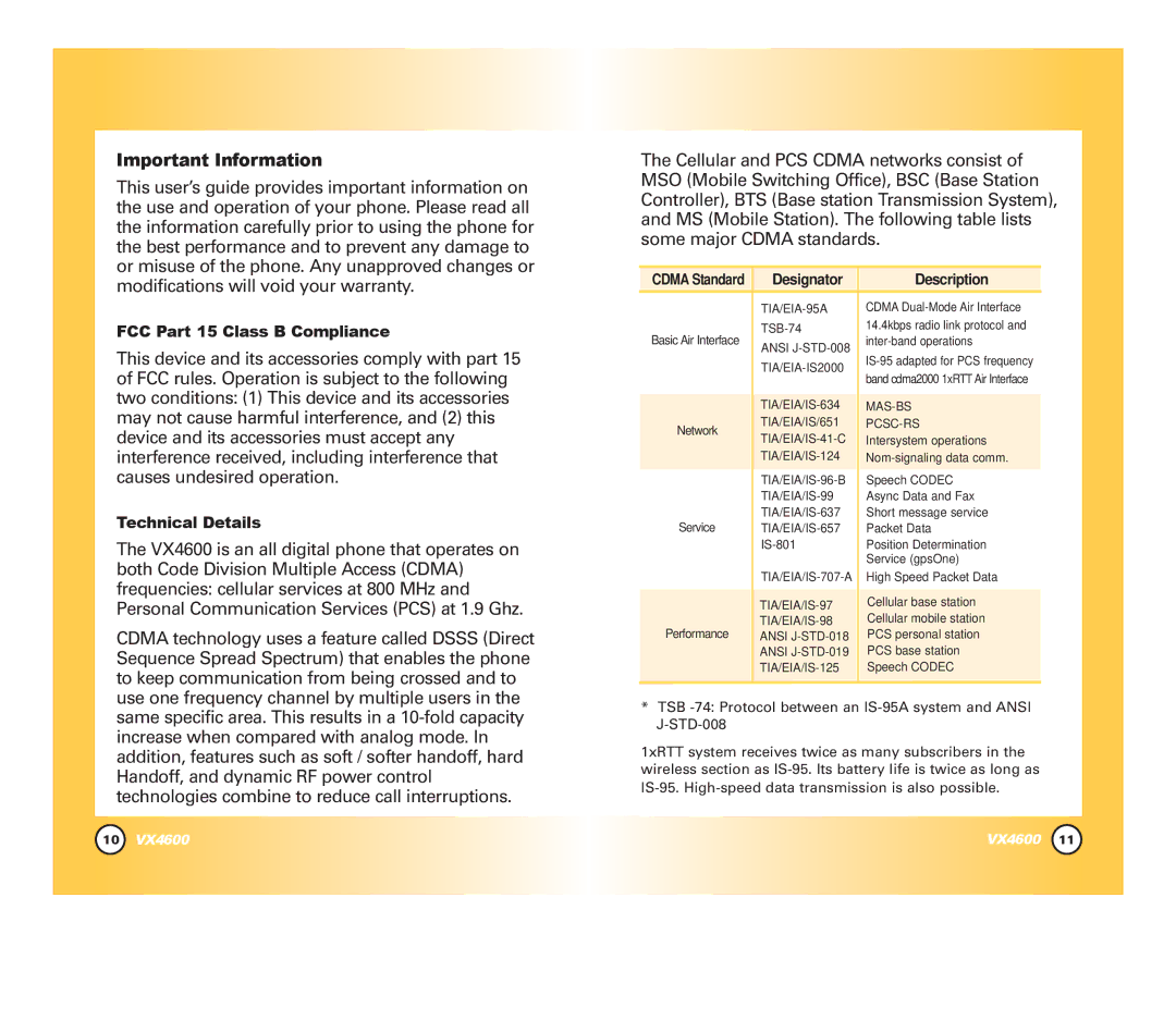 LG Electronics VX4600 manual Important Information, FCC Part 15 Class B Compliance, Technical Details 