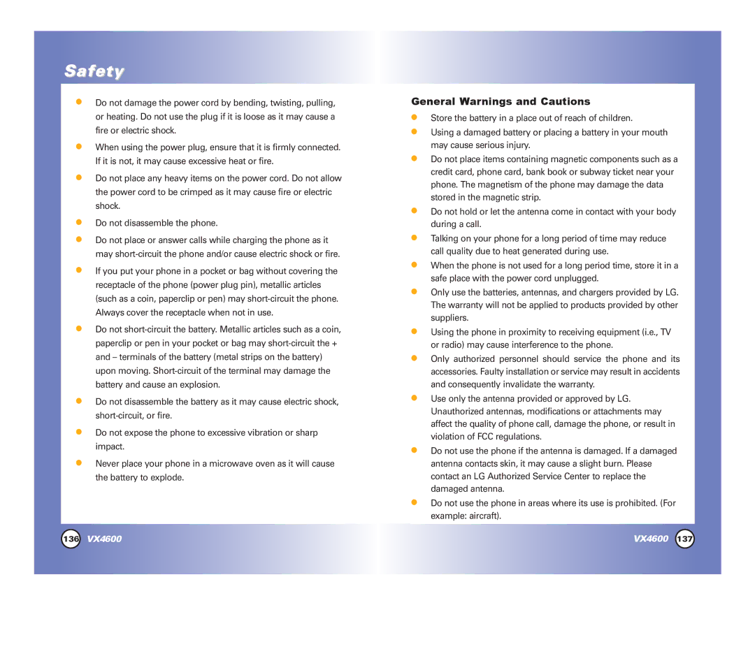 LG Electronics VX4600 manual General Warnings and Cautions 