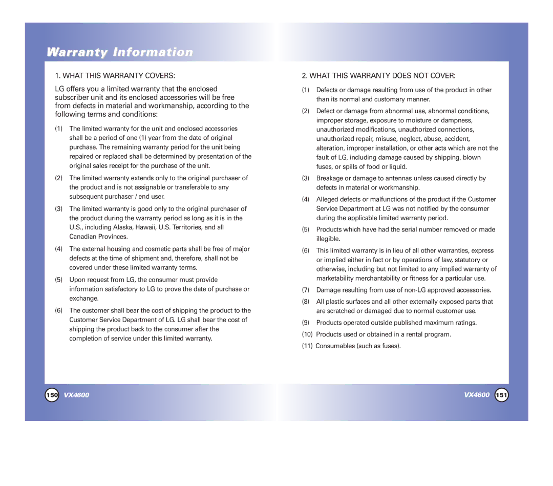 LG Electronics VX4600 manual Warranty Information 