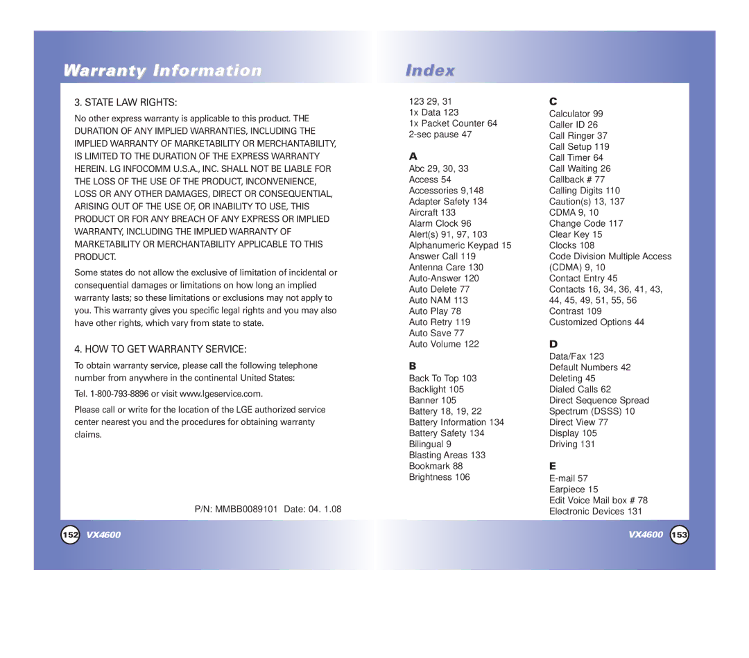 LG Electronics VX4600 manual Index 