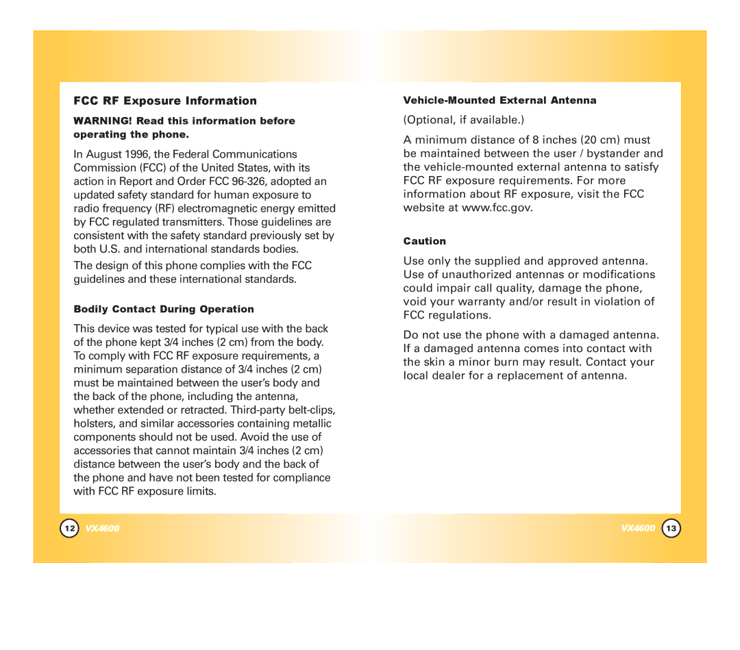 LG Electronics VX4600 manual FCC RF Exposure Information, Bodily Contact During Operation, Vehicle-Mounted External Antenna 