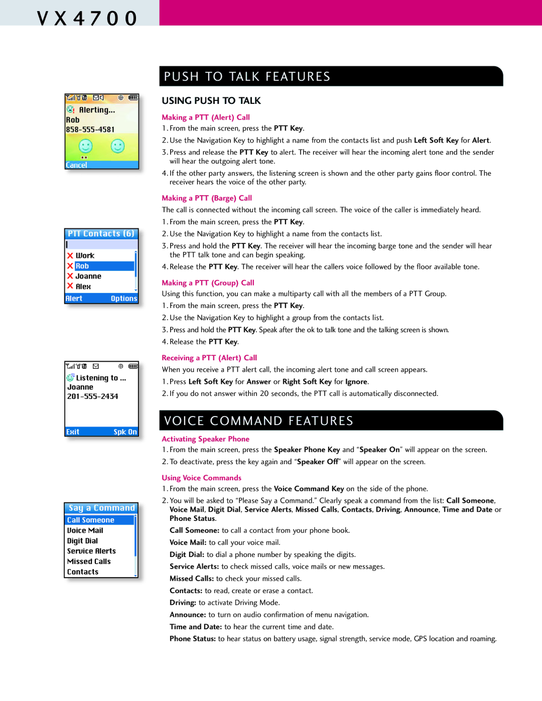 LG Electronics VX4700 manual Push to Talk Features, Voice Command Features, Using Push to Talk 