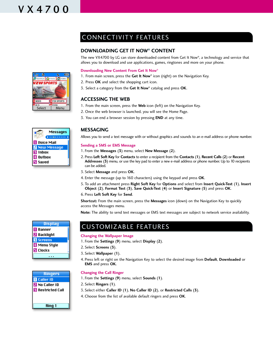 LG Electronics VX4700 Connectivity Features, Customizable Features, Downloading GET IT NOW Content, Accessing the WEB 