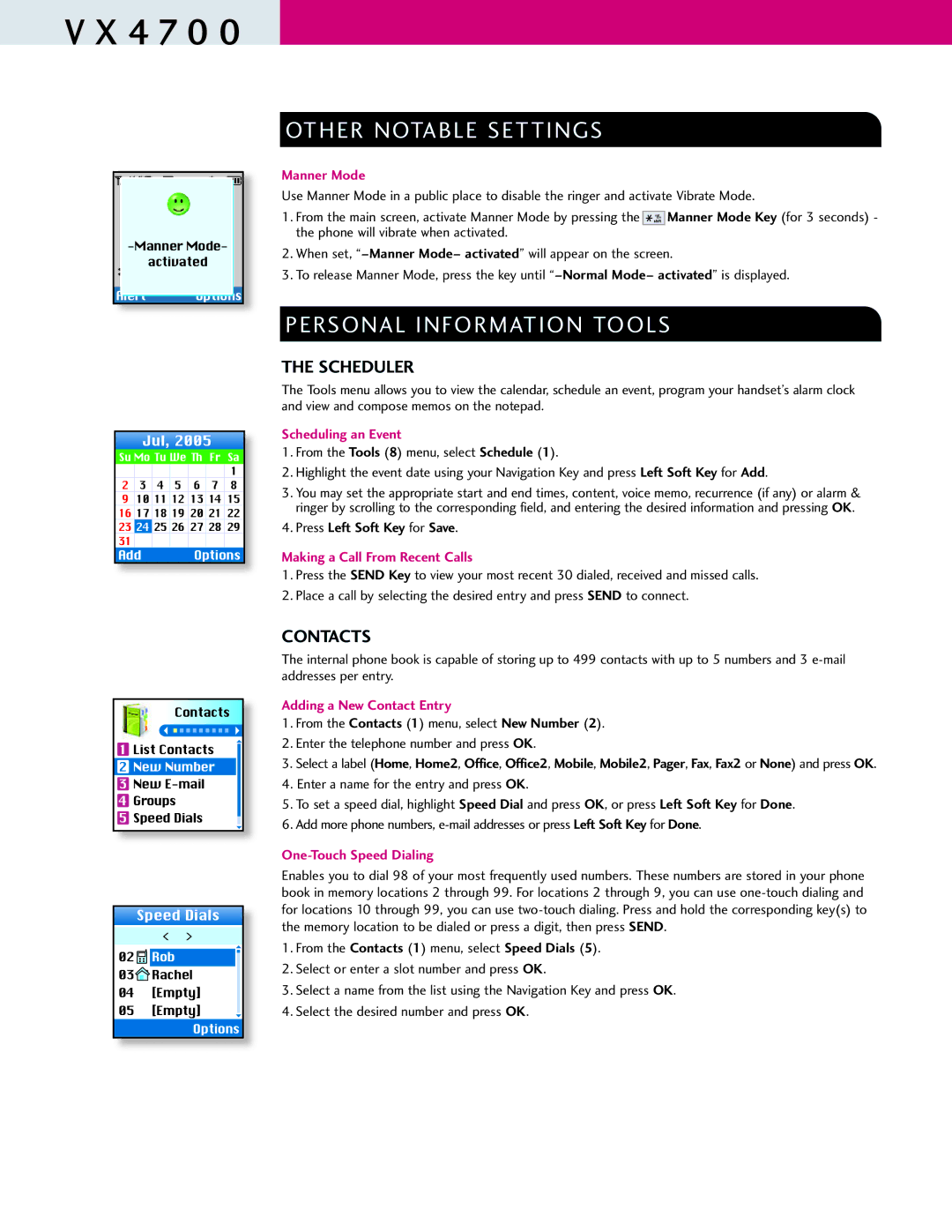 LG Electronics VX4700 manual Other Notable Settings, Personal Information Tools, Scheduler, Contacts 