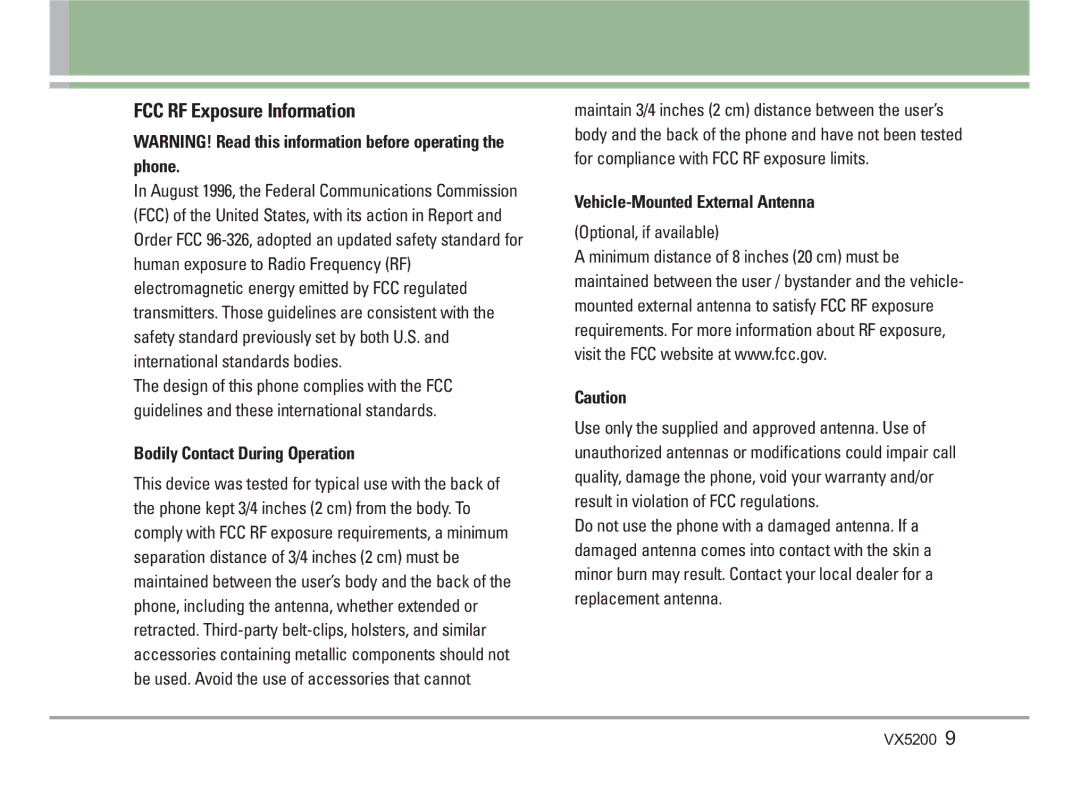 LG Electronics VX5200 manual FCC RF Exposure Information, Bodily Contact During Operation, Vehicle-Mounted External Antenna 