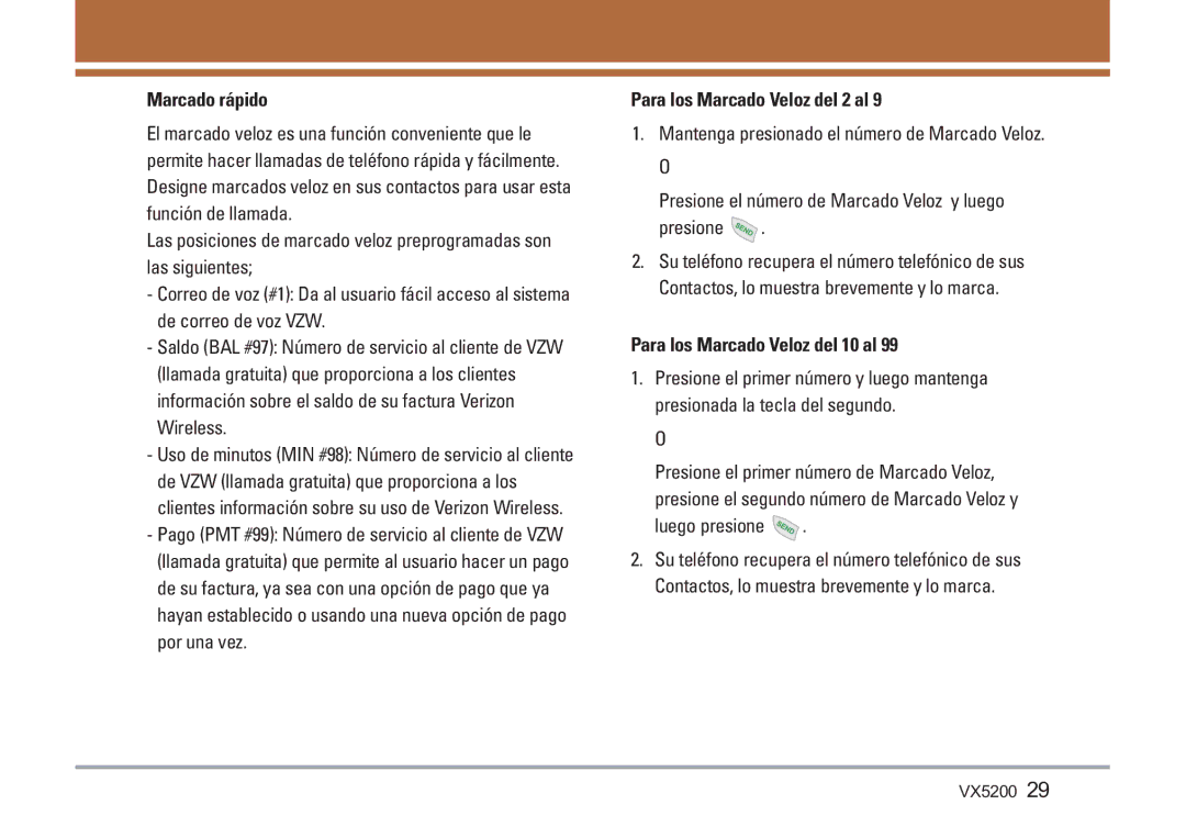 LG Electronics VX5200 Marcado rápido, Para los Marcado Veloz del 2 al, Para los Marcado Veloz del 10 al, Luego presione 
