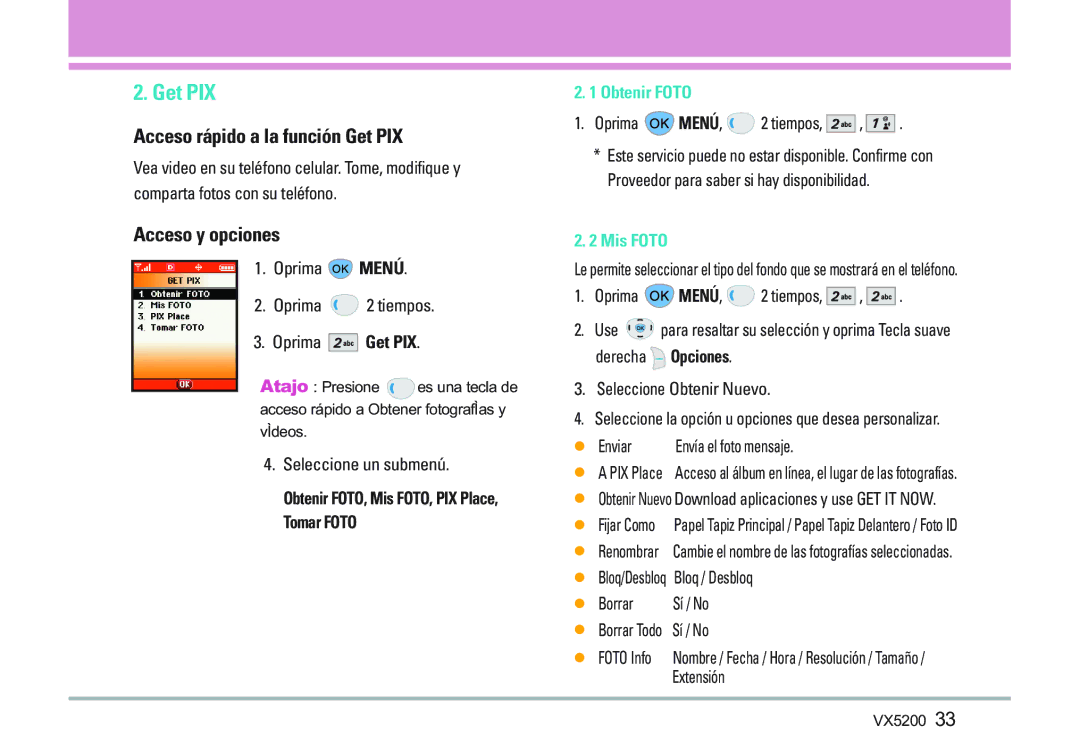 LG Electronics VX5200 Acceso rápido a la función Get PIX, Obtenir FOTO, Mis FOTO, PIX Place, Tomar Foto, Obtenir Foto 