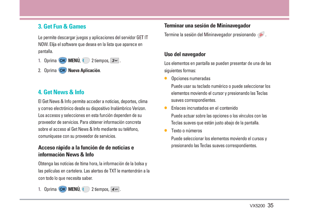 LG Electronics VX5200 manual Terminar una sesión de Mininavegador, Uso del navegador, Oprima Nueva Aplicación 