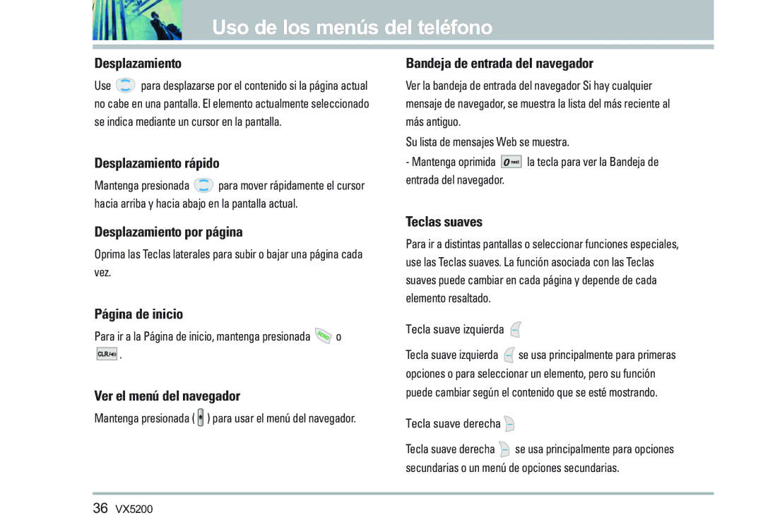 LG Electronics VX5200 Desplazamiento rápido, Desplazamiento por página, Página de inicio, Ver el menú del navegador 