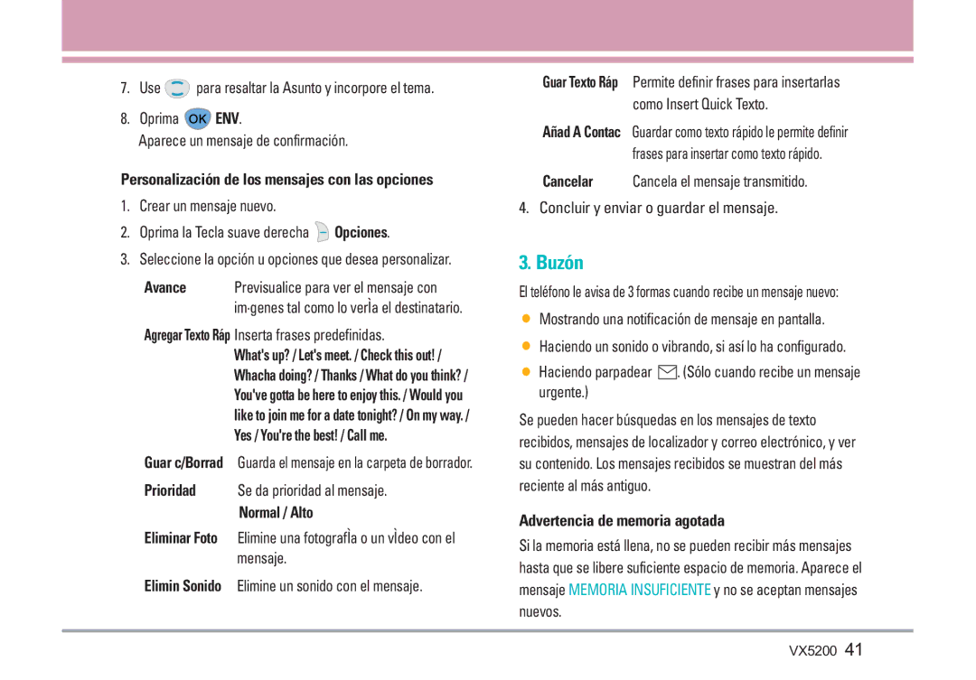 LG Electronics VX5200 manual Buzón, Avance, Agregar Texto Ráp Inserta frases predefinidas, Advertencia de memoria agotada 