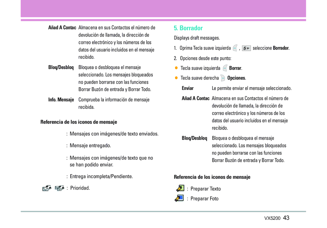 LG Electronics VX5200 manual Borrador, Displays draft messages, Preparar Texto Preparar Foto 