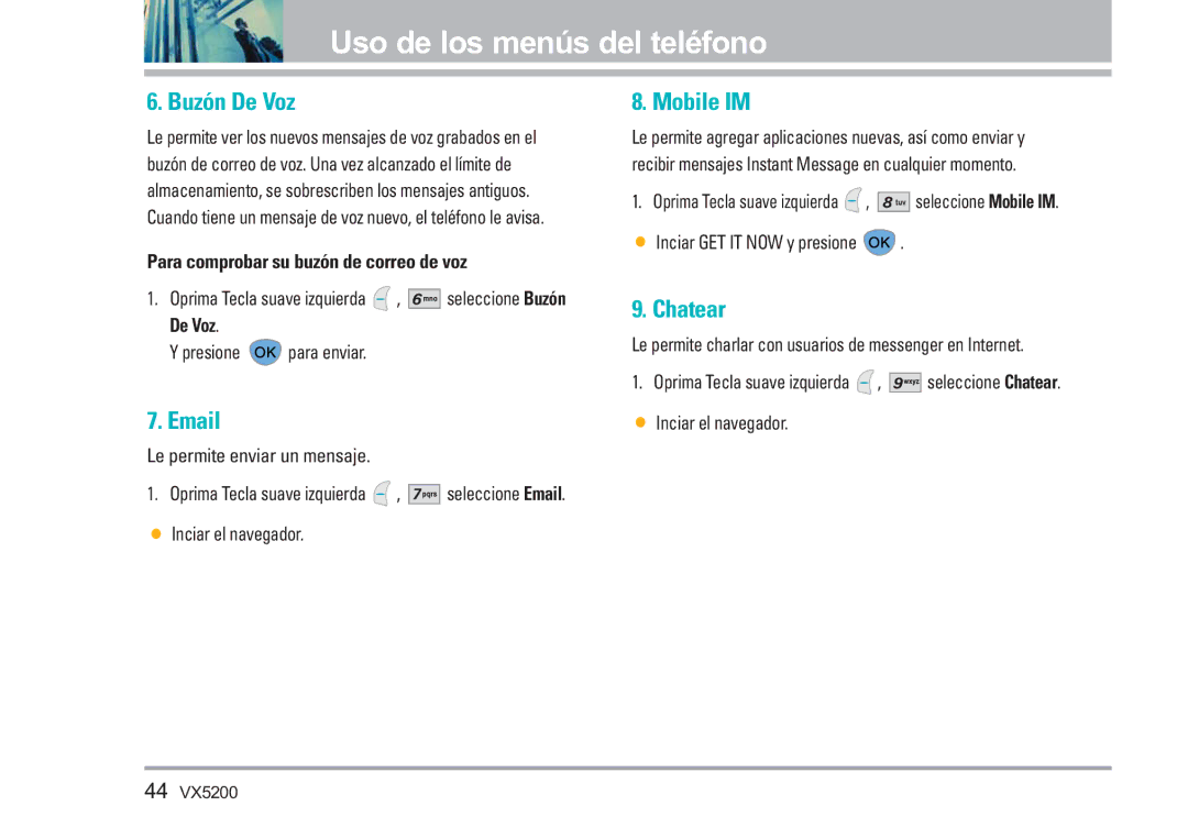 LG Electronics VX5200 manual Buzón De Voz, Chatear, Para comprobar su buzón de correo de voz 