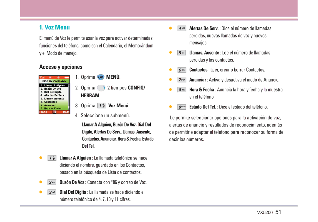 LG Electronics VX5200 manual Oprima Menú Oprima 2 tiempos CONFIG/ Herram, Oprima Voz Menú 