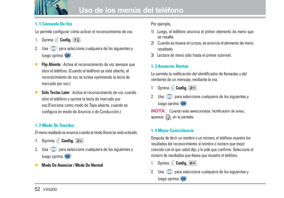 LG Electronics VX5200 manual Comando De Voz, Anunciar Alertas, Modo De Sonidos, Modo De Anunciar / Modo De Normal 