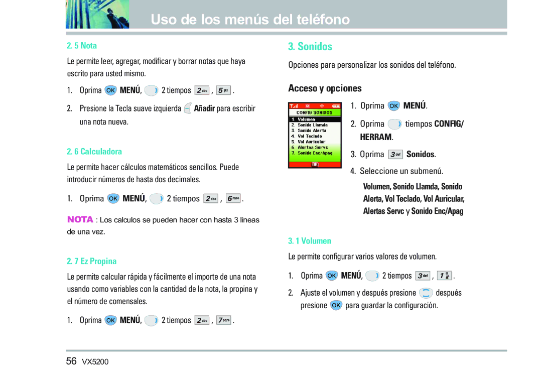 LG Electronics VX5200 manual Sonidos, Nota, Calculadora, Ez Propina, Volumen 