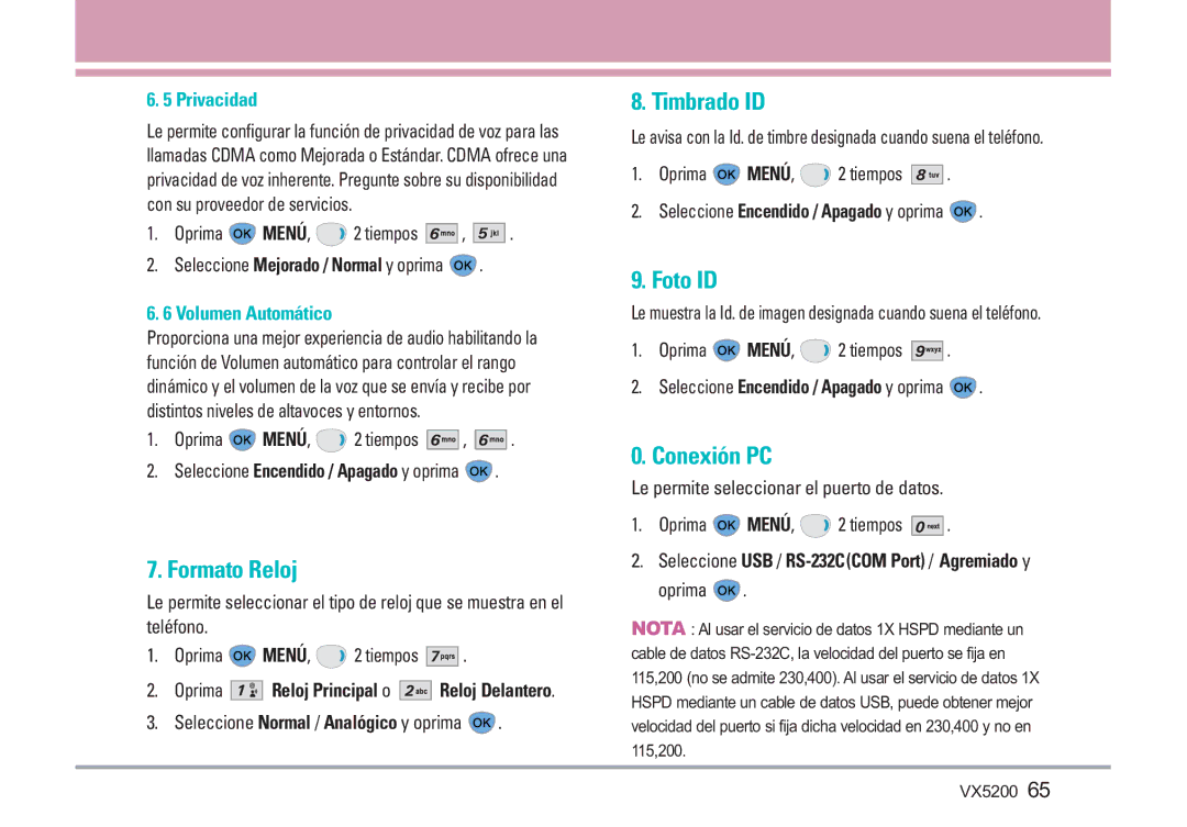 LG Electronics VX5200 manual Timbrado ID, Conexión PC, Formato Reloj, Oprima Teléfono 