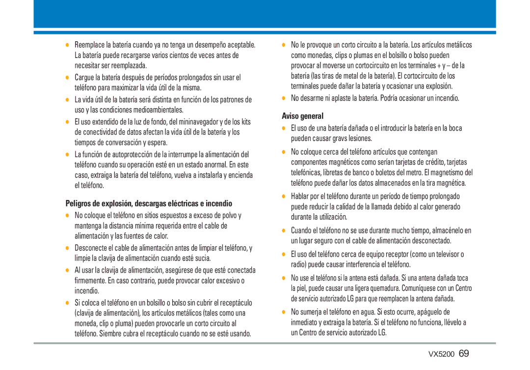 LG Electronics VX5200 manual Aviso general, Peligros de explosión, descargas eléctricas e incendio 